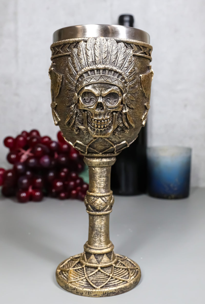 Native Indian Tribal Chief Skull With Roach Headdress And Axes Wine Goblet