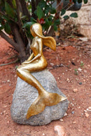 Gold Leaf Resin Mermaid Siren Sunbathing On Giant Ocean Rock Figurine 10.75"H
