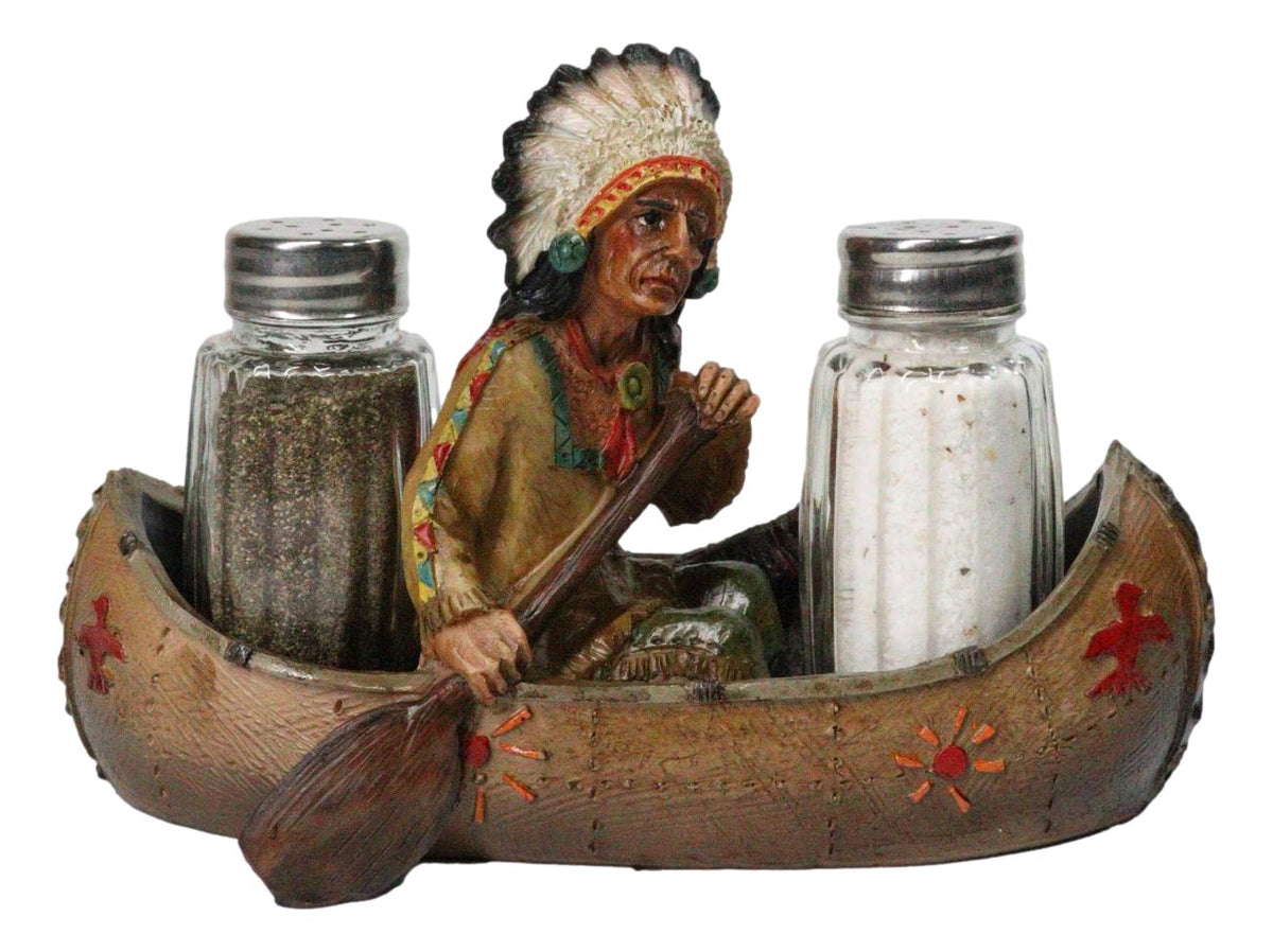 Native American Indian Chief In Canoe Boat Salt and Pepper Shaker Holder Set
