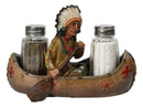 Native American Indian Chief In Canoe Boat Salt and Pepper Shaker Holder Set