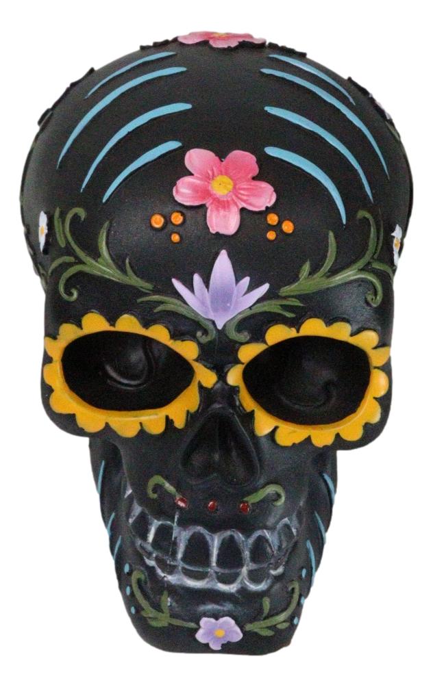 Black Day of The Dead Colorful Sunflowers Floral Blooms Sugar Skull Figurine