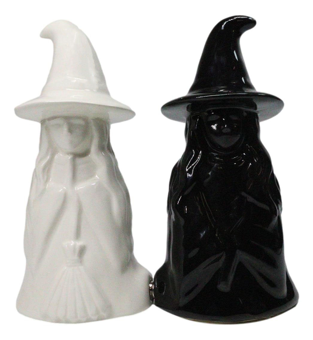 Wiccan Magic Hocus Pocus Black And White Witches Ceramic Salt Pepper Shakers Set