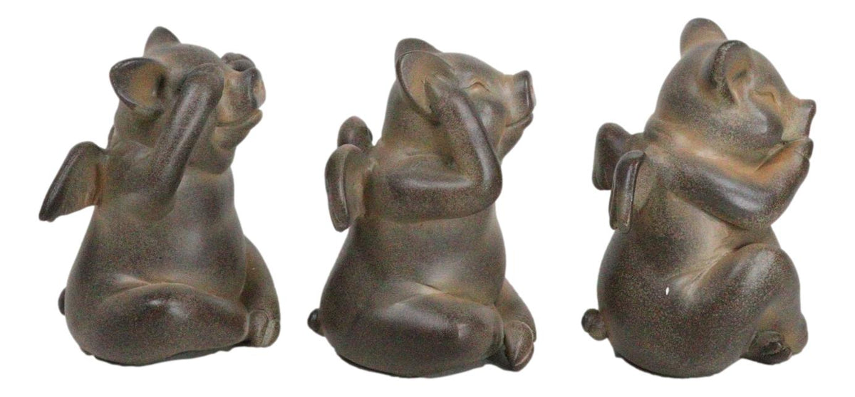 Rustic Country Angel Winged Pigs in See Hear Speak No Evil Poses Figurines Set - Ebros Gift