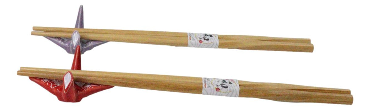 Red And Purple Origami Cranes Set of 2 Wooden Chopsticks And Ceramic Rests Set