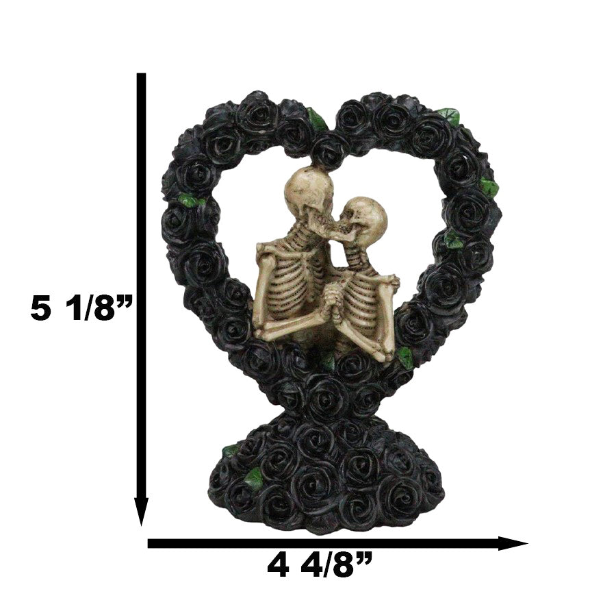 Love Never Dies Black Bridal Roses Heart Wreath Skeleton Couple Kissing Figurine - Ebros Gift