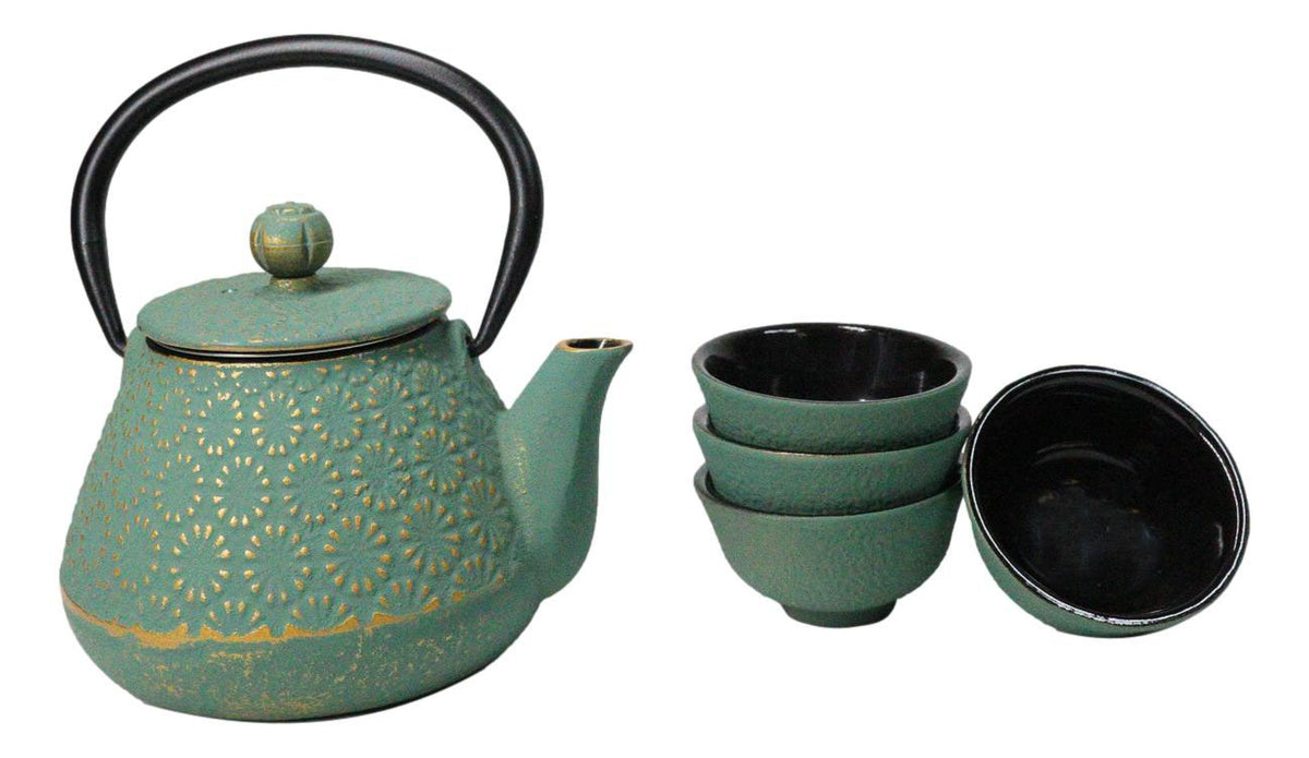 Chrysanthemum Green Gold Petite Cast Iron Teapot 10oz With 4 Mini Tea Cups Set