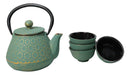 Chrysanthemum Green Gold Petite Cast Iron Teapot 10oz With 4 Mini Tea Cups Set
