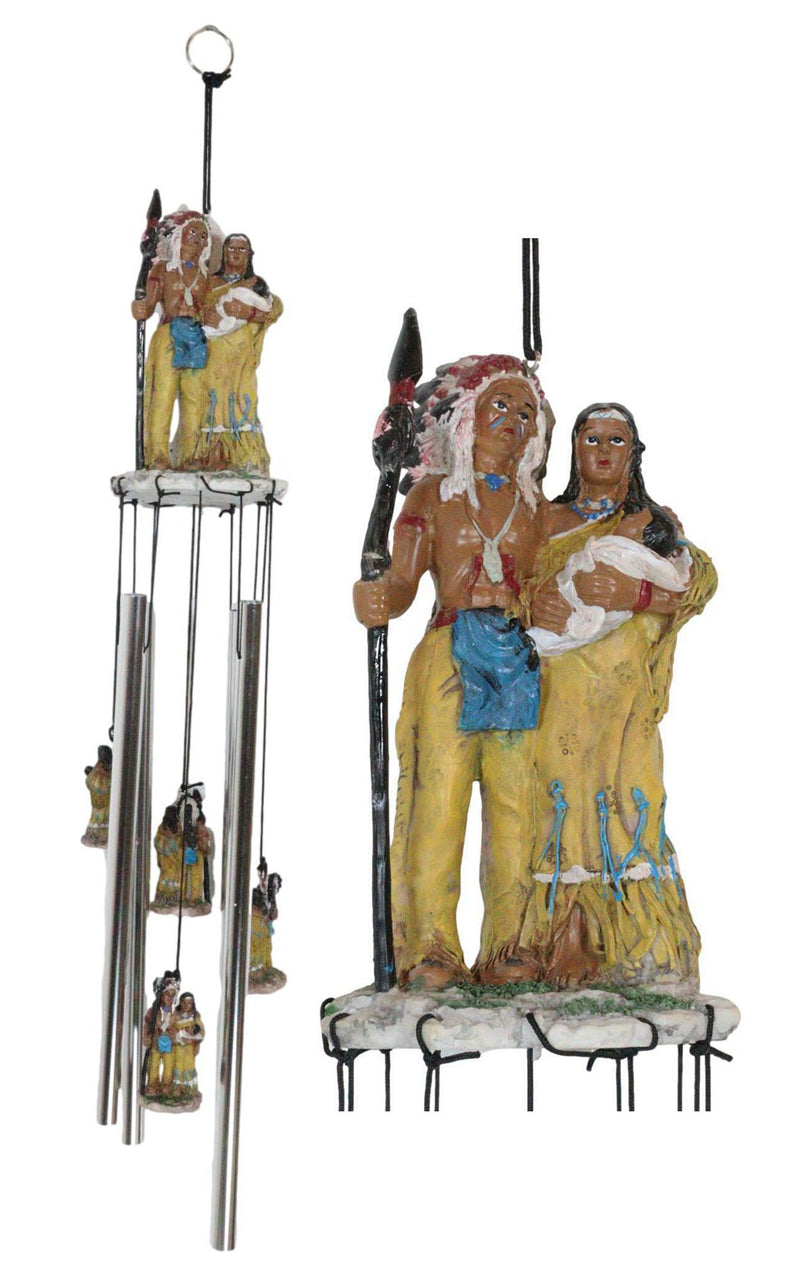 Western Indian Chief With Roach Next To Chieftess And Baby Family Wind Chime