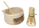 Cream Brown Brushstroke Ceramic Japanese Matcha Green Tea Bowl Whisk & Scoop Set