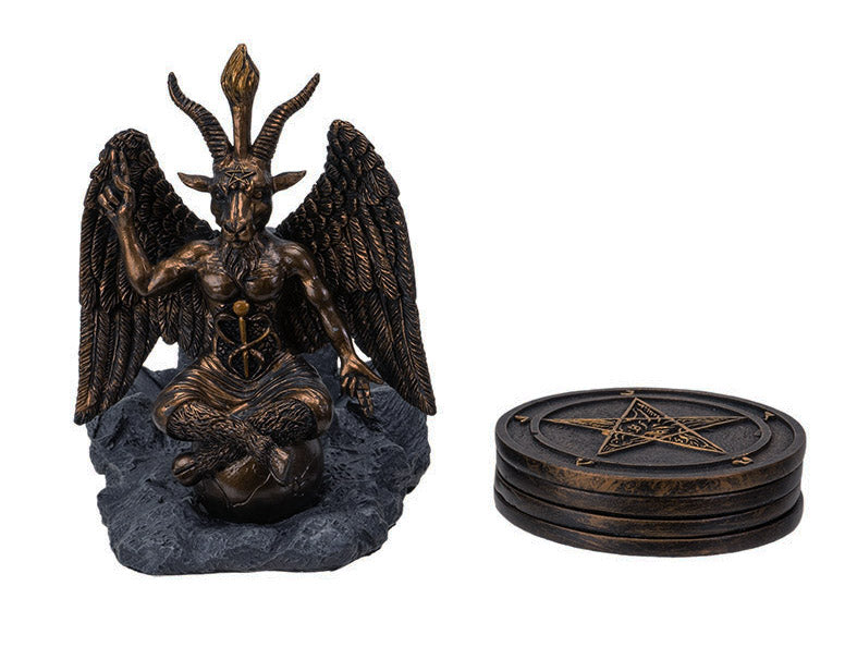 Wicca Occult Sabbatic Goat Baphomet Sitting On Globe Round Coaster Figurine Set