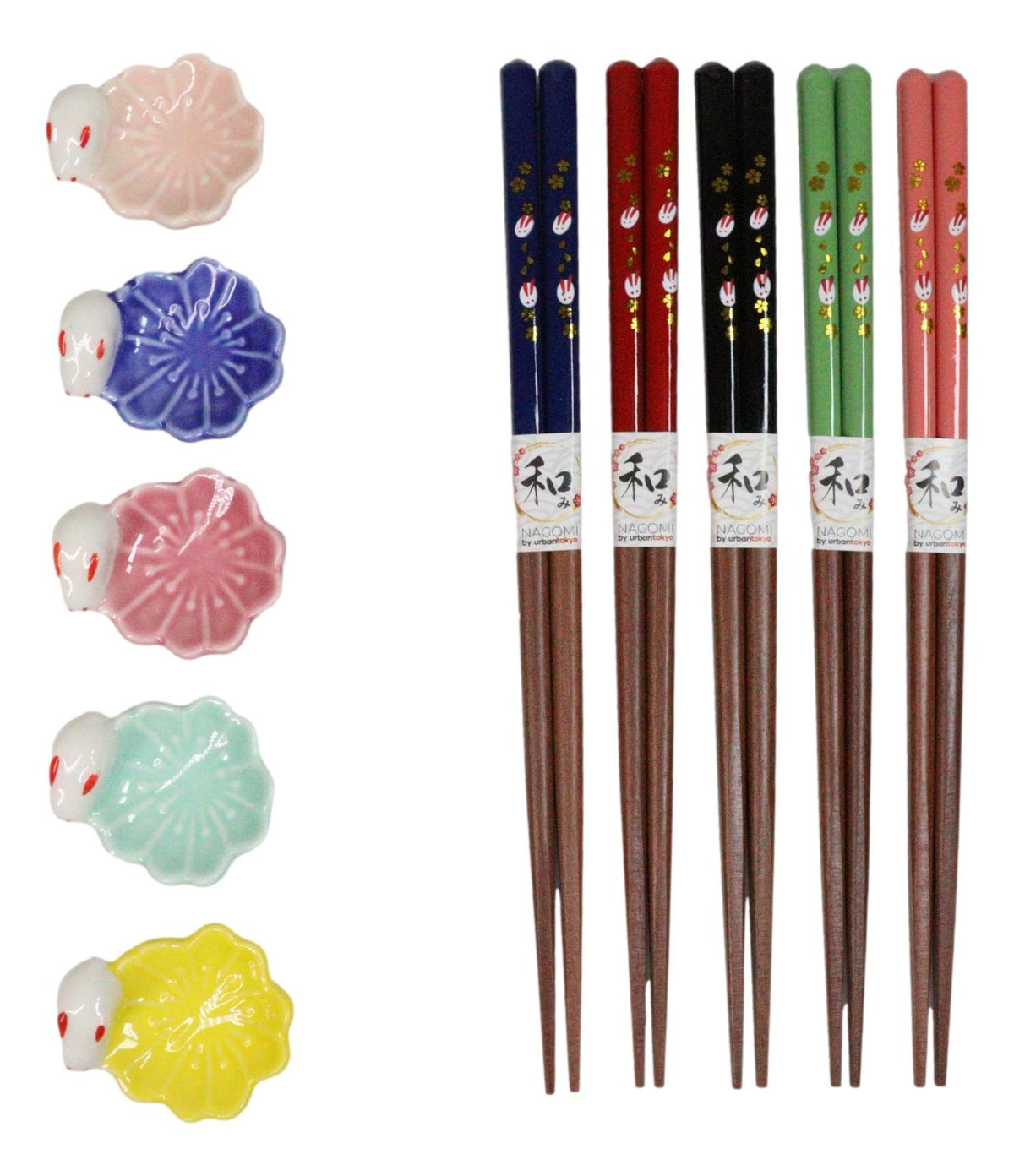 5 Pairs Of Pastel Sakura Cherry Blossoms Ceramic Rests And Wooden Chopsticks Set