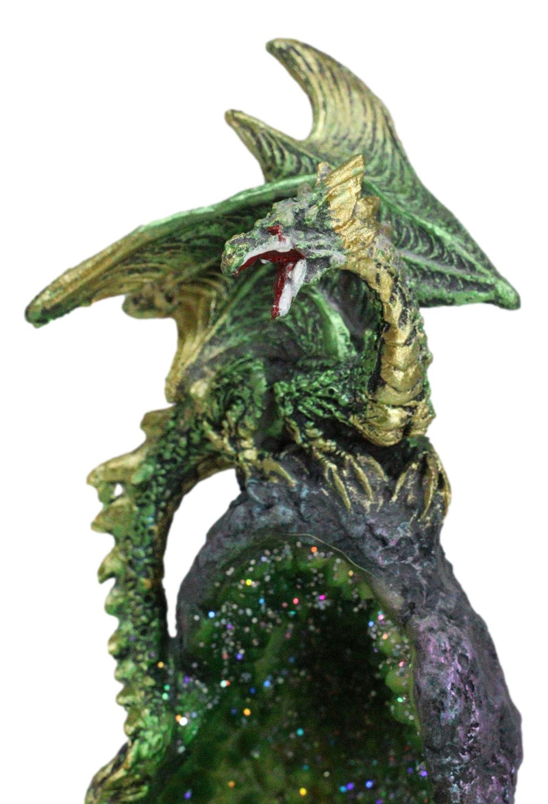 Metallic Green Gold Meteorite Dragon On Faux Geode Crystal Cavern Rock Figurine