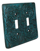 Set of 2 Western Tooled Floral Lace Turquoise Wall Double Toggle Switch Plates