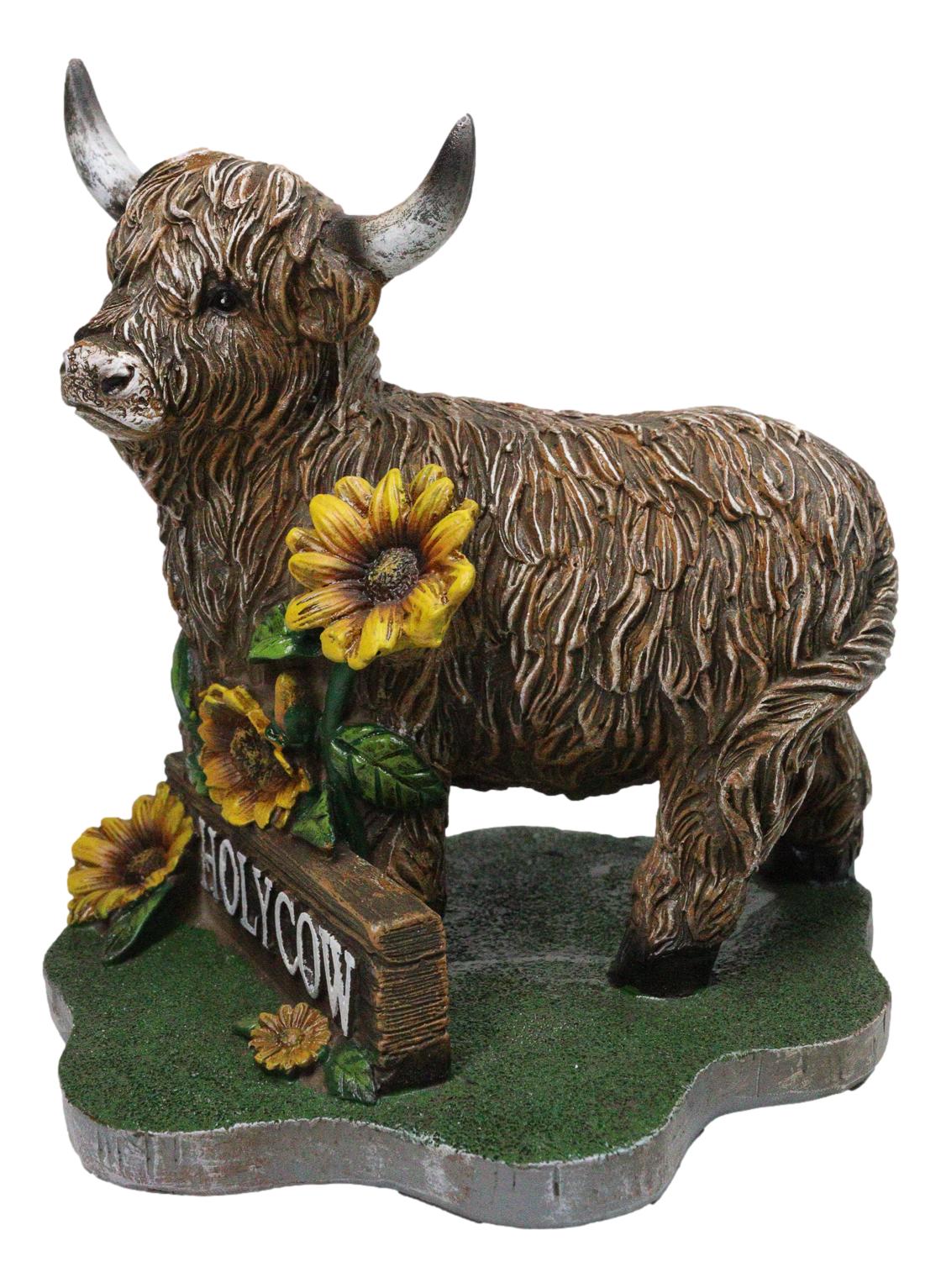 Western Scottish Highlands Cattle Cow with Sunflowers Holy Cow Plank Figurine