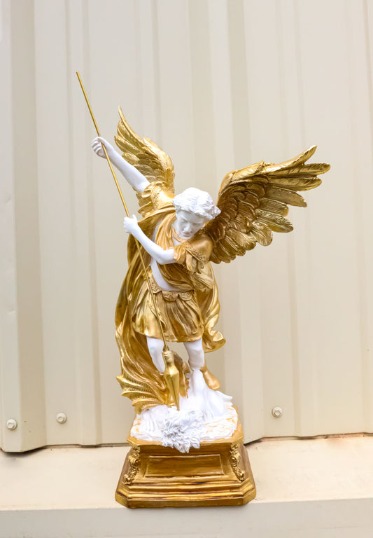 Renaissance Art Golden Large Archangel Saint Michael With Long Spear Statue 19"H