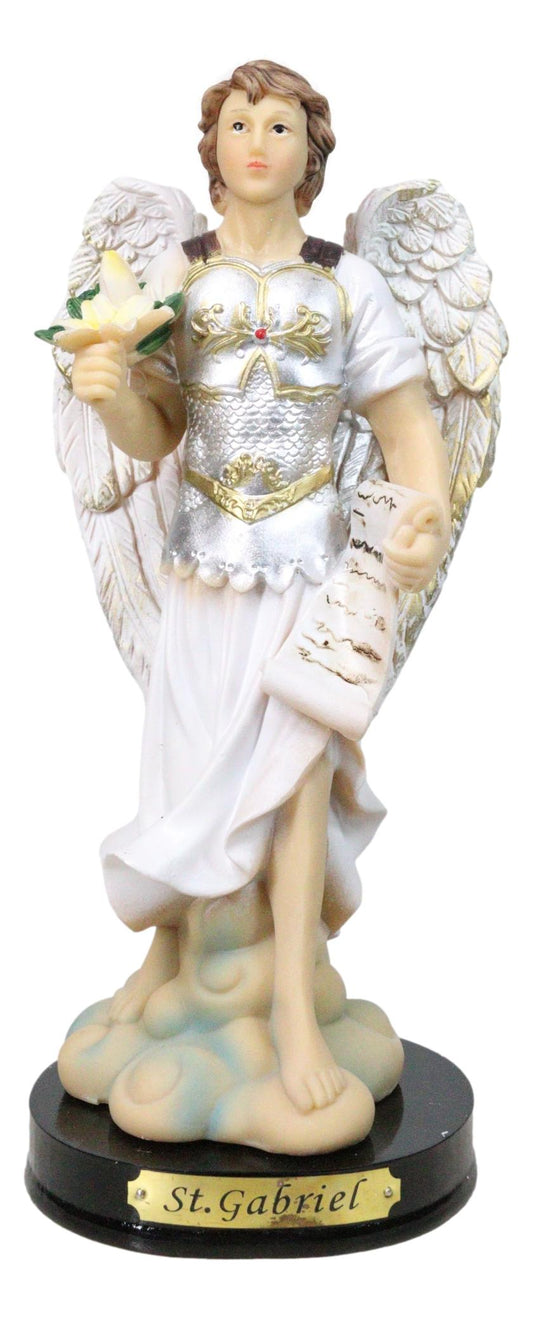 Archangel Saint Gabriel Holding Scroll and White Lotus Figurine With Base 8"H