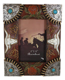 Rustic Western Longhorns Silver Conchos Turquoise Gems Picture Photo Frame 4"X6"