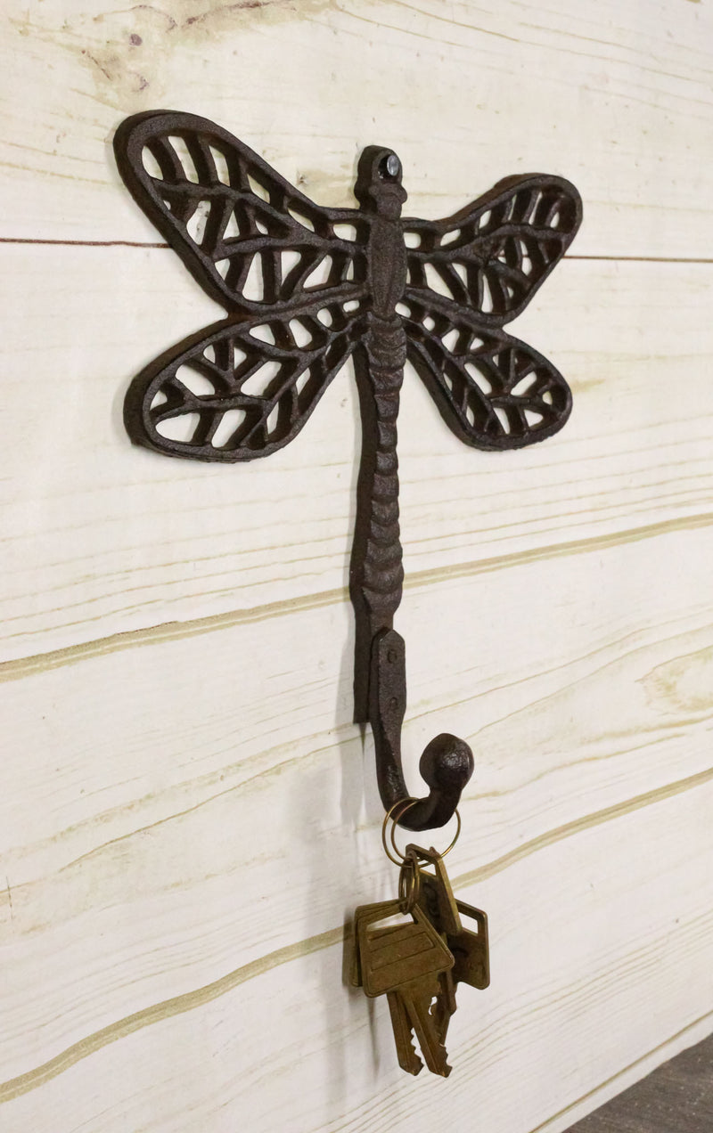 Set Of 2 Rustic Cast Iron Dragonfly with Scrollwork Filigree Wings Wall Hooks