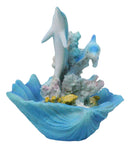 Marine Ocean 2 Blue Dolphins Swimming By Coral Reef and Clam Seashell Figurine