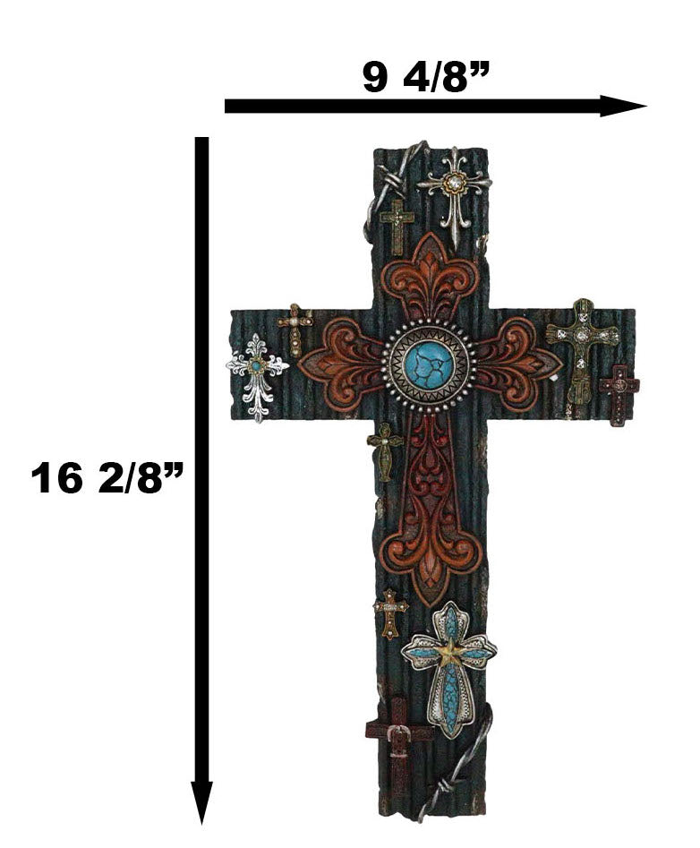 Rustic Western Layered Crosses Fleur De Lis Cowboy Turquoise Tooled Wall Cross
