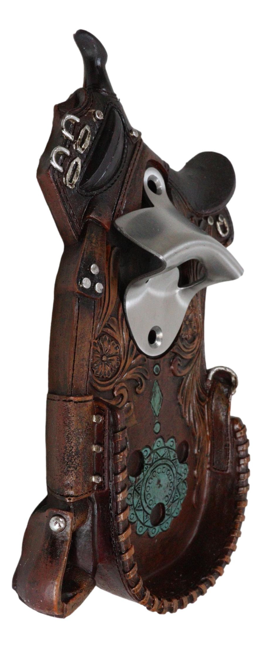 Rustic Western Cowboy Horse Saddle Tooled Floral Faux Leather Wall Bottle Opener