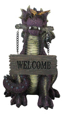 Whimsical Purple Garden Dragon With Butterfly Biting Welcome Plank Sign Figurine