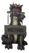 Whimsical Purple Garden Dragon With Butterfly Biting Welcome Plank Sign Figurine