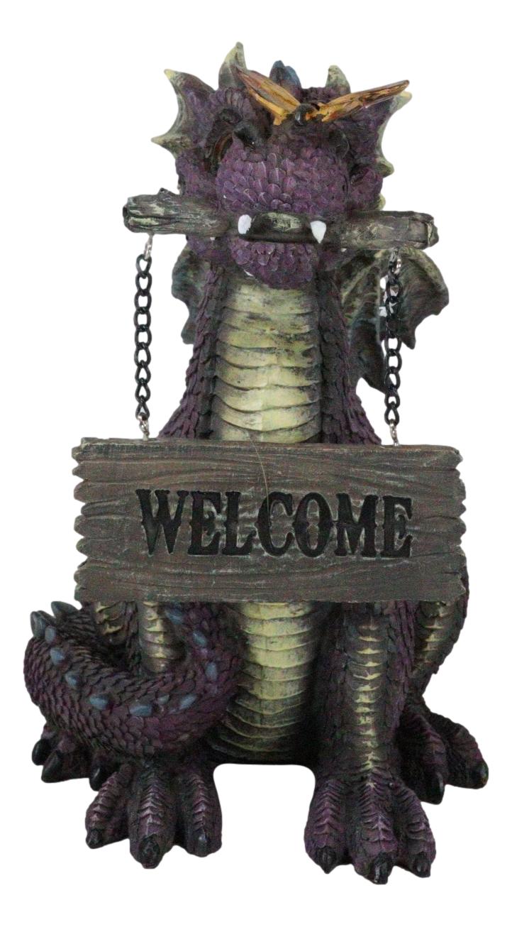 Whimsical Purple Garden Dragon With Butterfly Biting Welcome Plank Sign Figurine