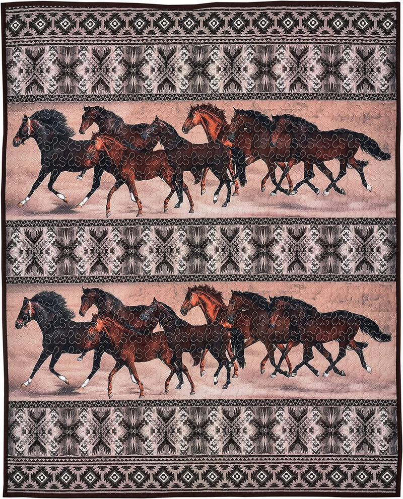 Rustic Western Horse Valley Herd Navajo Vectors Cozy Plush Quilted Throw Blanket