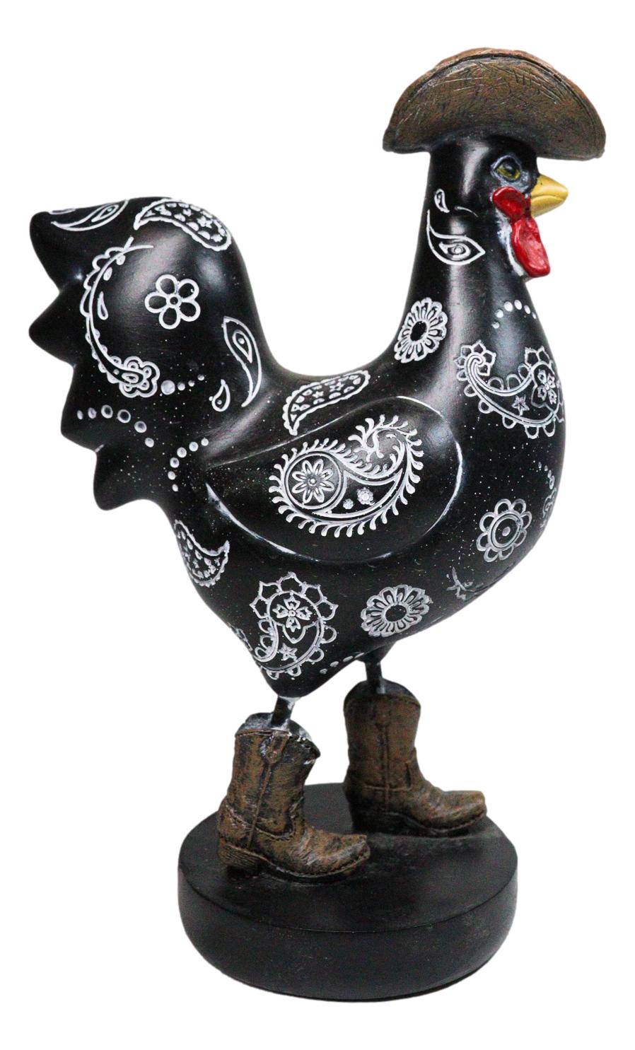 Black Western Country Cowboy Chicken Rooster Wearing Hat And Boots Figurine 8"H