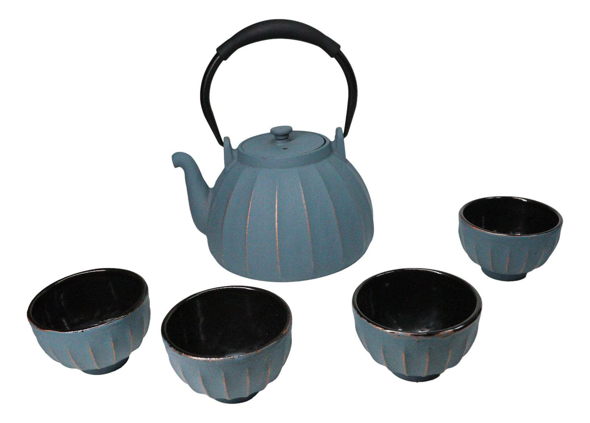 Blue Vertical Lines Design Tetsubin Cast Iron Teapot 33oz And 4 Tea Cups Set