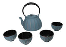 Blue Vertical Lines Design Tetsubin Cast Iron Teapot 33oz And 4 Tea Cups Set