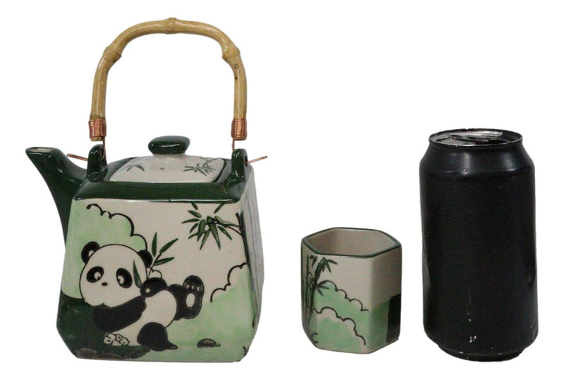 Green Bamboo Lucky Panda Bear Ceramic Hexagonal Teapot With 4 Tea Cups Set