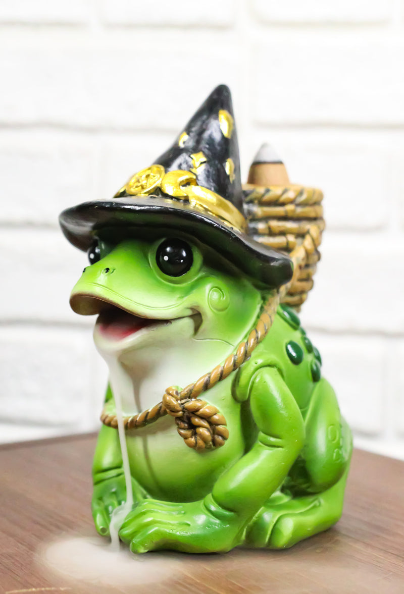 Merlin The Wizard Frog with Warlock Triple Moon Hat Backflow Incense Cone Burner