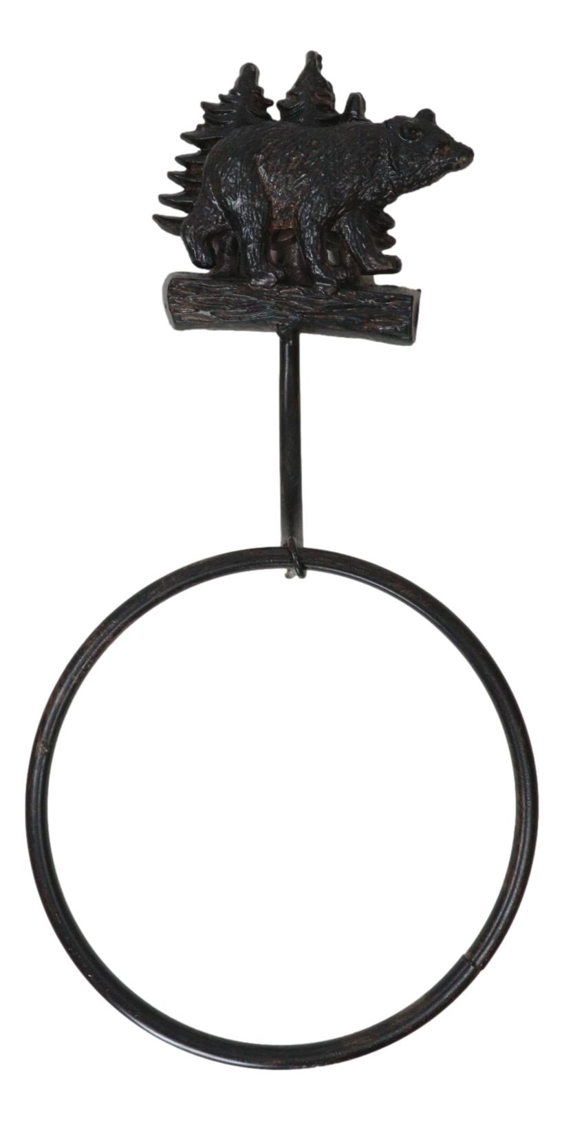 Cast Iron Rustic Cabin Bathroom Black Bear By Pine Trees Hand Towel Ring Holder