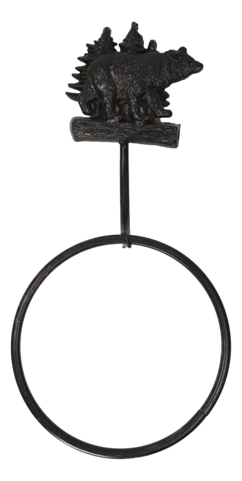 Cast Iron Rustic Cabin Bathroom Black Bear By Pine Trees Hand Towel Ring Holder