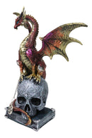 Metallic Red And Gold Dragon On Oversized Witch Skull With Pentagram Figurine