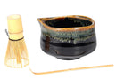 Brown Black Waterfall Ceramic Japanese Matcha Green Tea Bowl Whisk & Scoop Set