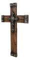 Rustic Western Faux Wood Grain With Layered Silver Scroll Crystals Wall Cross