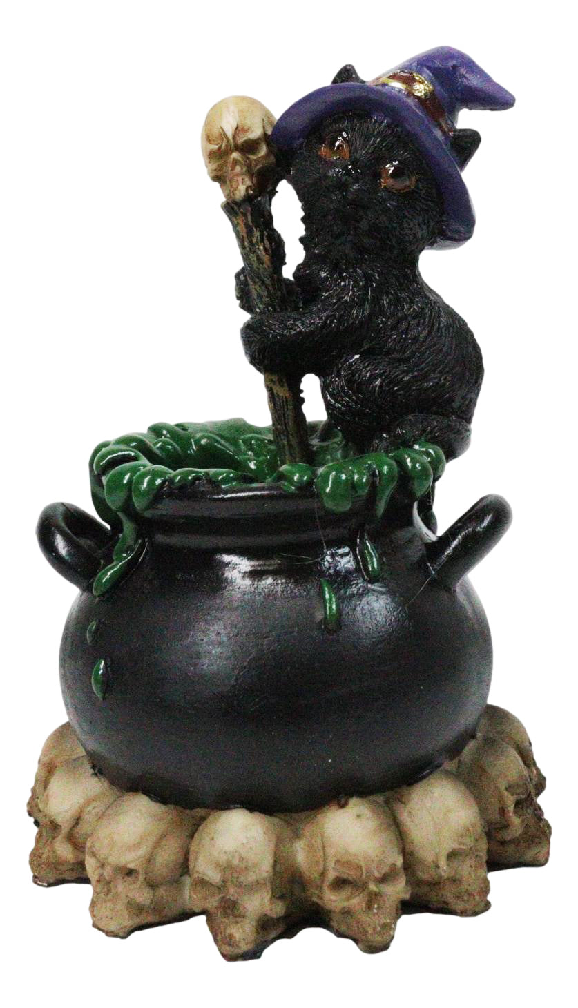 Witch Hat Black Cat Brewing Potion in LED Cauldron with Skulls Bonfire Figurine
