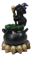 Witch Hat Black Cat Brewing Potion in LED Cauldron with Skulls Bonfire Figurine
