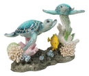 Marine Ocean Blue Sea Turtles Family With Yellow Fish And Coral Reef Figurine