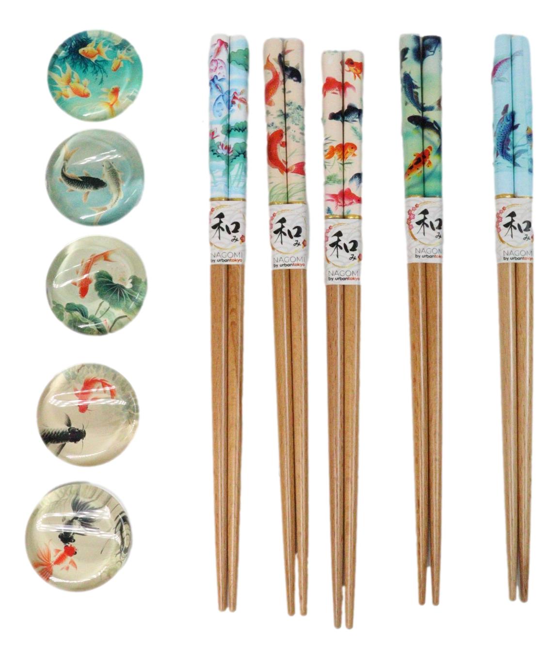 5 Pairs Of Koi Fishes In Pond Buttons Ceramic Rests With Wooden Chopsticks Set