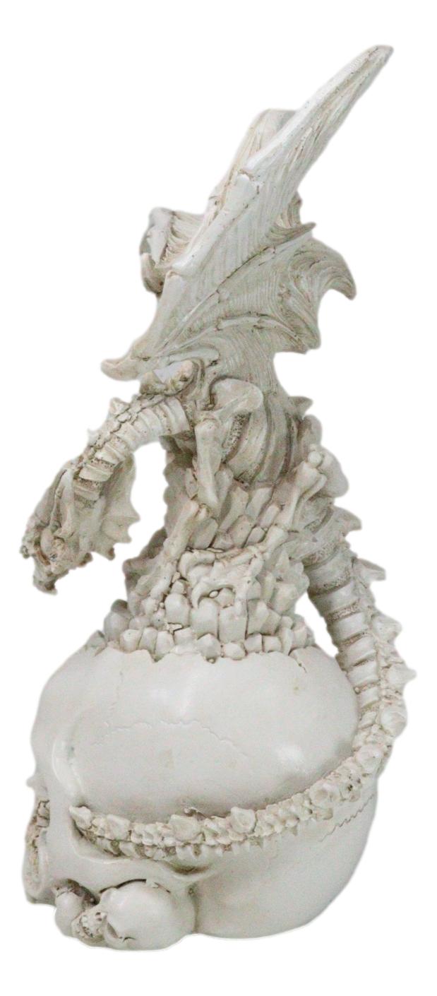 Ossuary Macabre Skeleton Bone Dragon Perching On Gothic White Skull Figurine
