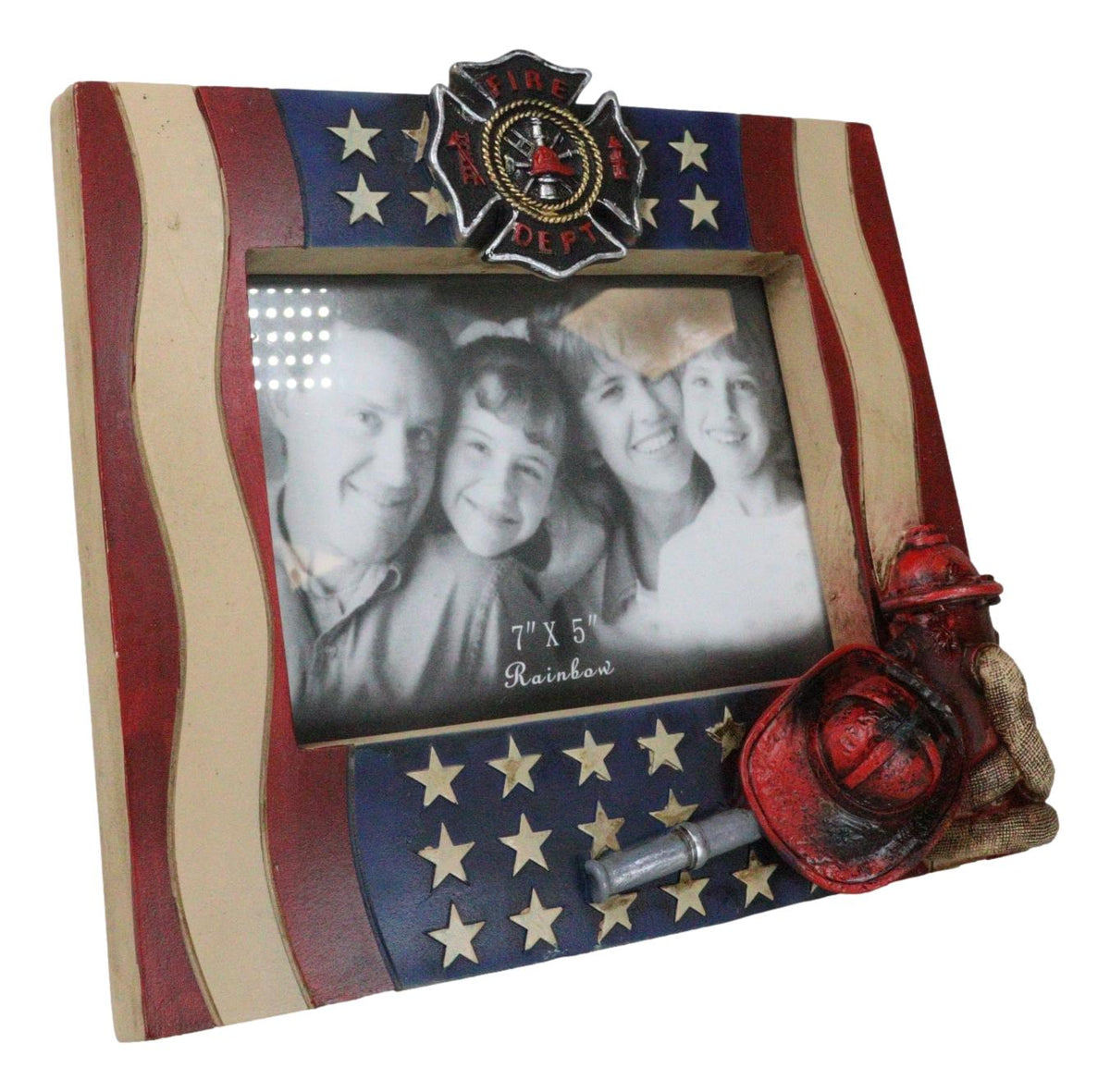 Patriotic Maltese Cross Fireman Helmet Hose Fire Hydrant USA Flag Picture Frame - Ebros Gift
