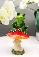 Rainforest Wildlife Green Pond Frog Sitting On Toadstool Mushroom Figurine