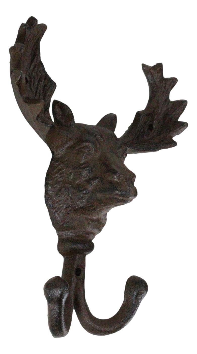 Cast Iron Western Rustic Bull Moose Antlers Head Wall Double Hooks Plaque