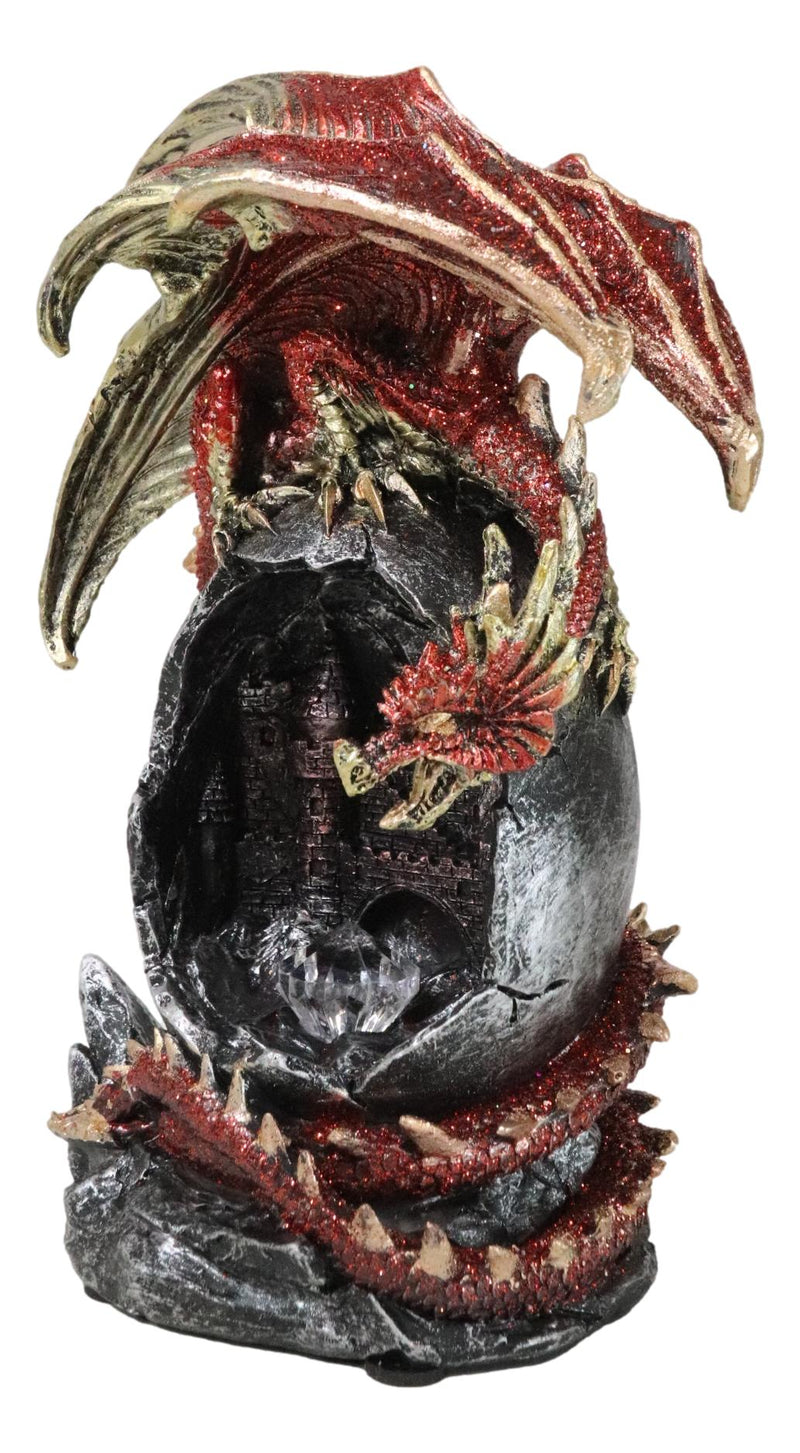 Fantasy Red Gold Dragon On Giant Egg LED Cavern With Medieval Castle Figurine