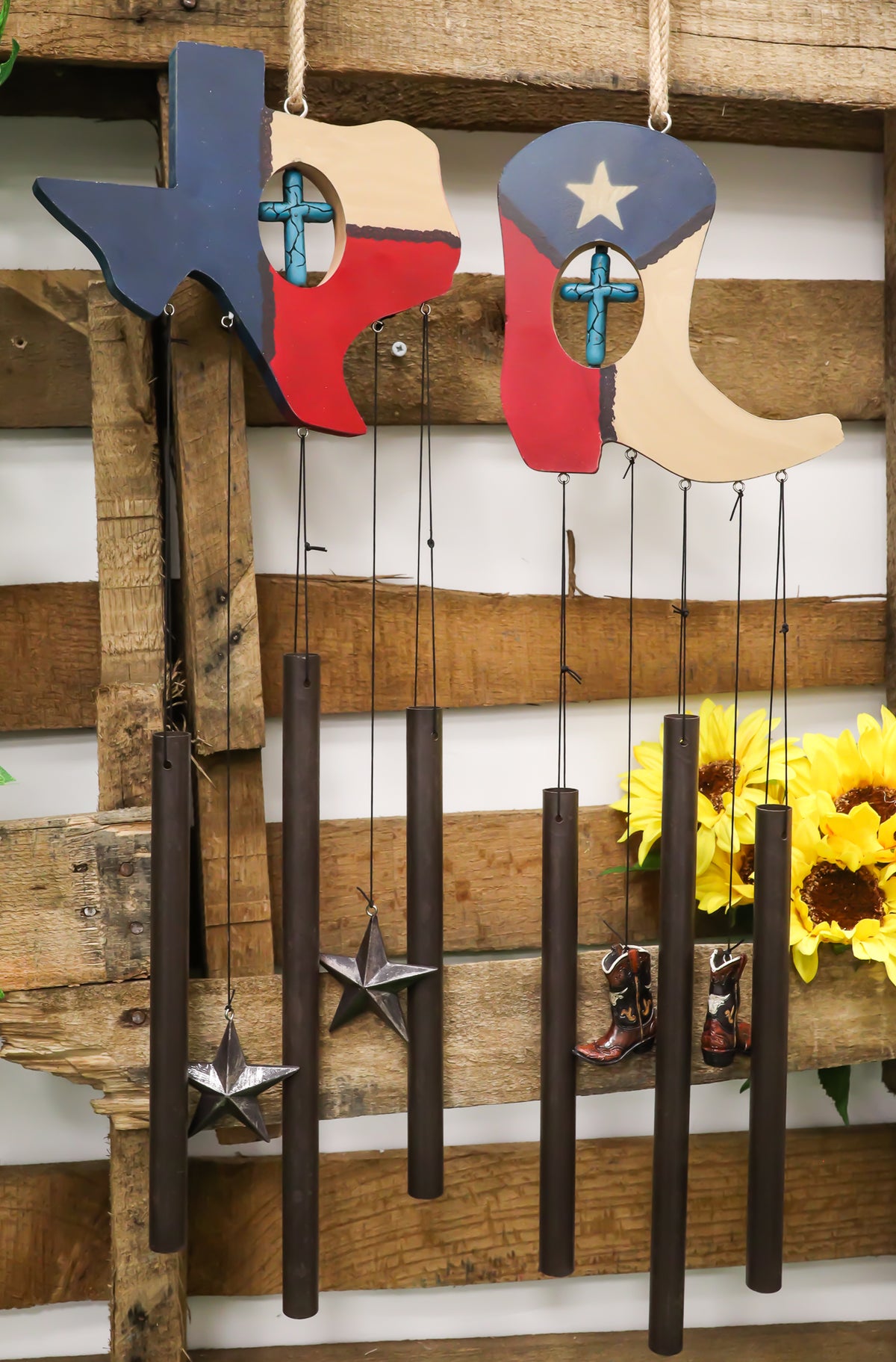 Pack of 2 Western Star Texas State Flag Cowboy Boot Turquoise Cross Wind Chimes - Ebros Gift