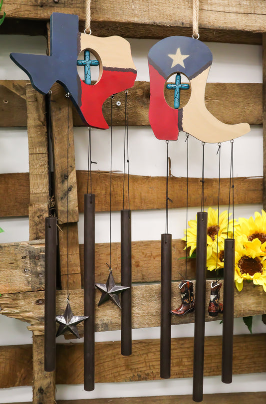 Pack of 2 Western Star Texas State Flag Cowboy Boot Turquoise Cross Wind Chimes - Ebros Gift